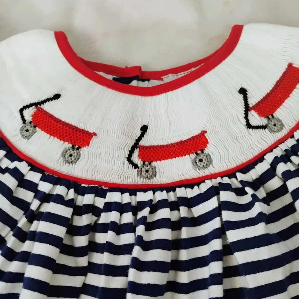 Smocking Dog Boutique Navy White Stripe Red Wagon Smocked Bubble Romper Size 4